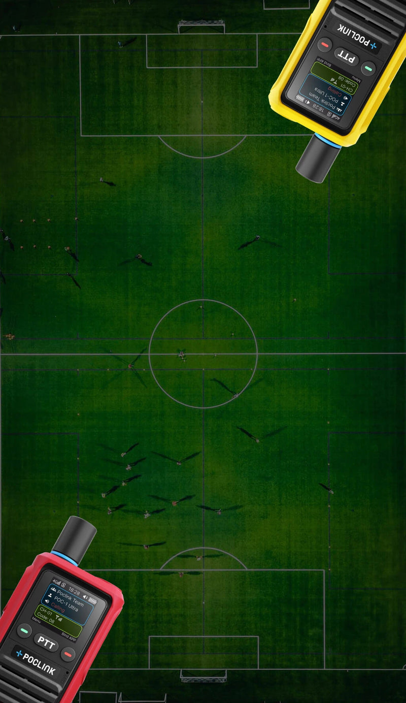 Two walkie-talkies on a soccer field with a green background